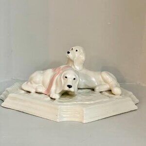 Vintage Hand Painted Ceramic White Long Ear Hound Dog Figurines on Platform